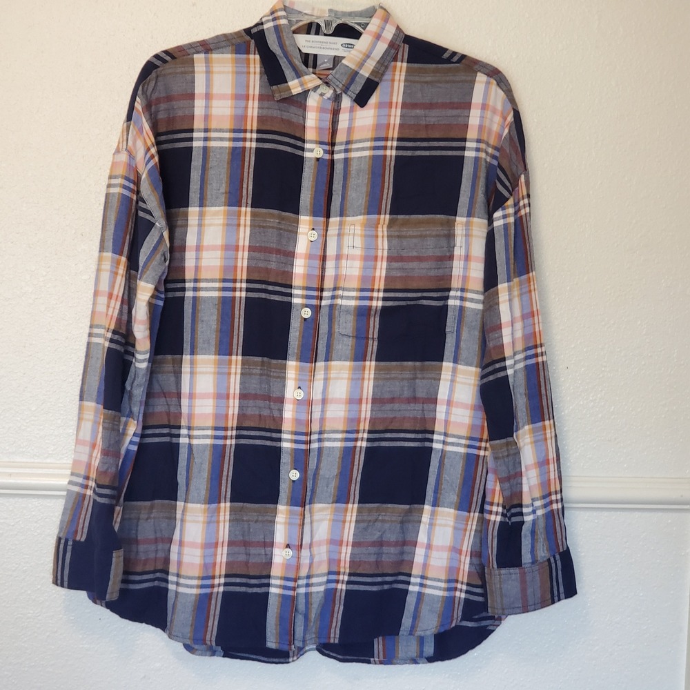 Old Navy The Boyfriend Shirt Navy Pink Plaid Flannel Button Down Medium